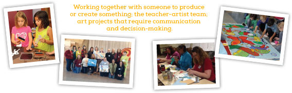 COLLABORATION, Working together with someone to produce or create something; the teacher-artist team; art projects that require communication and decision-making.
